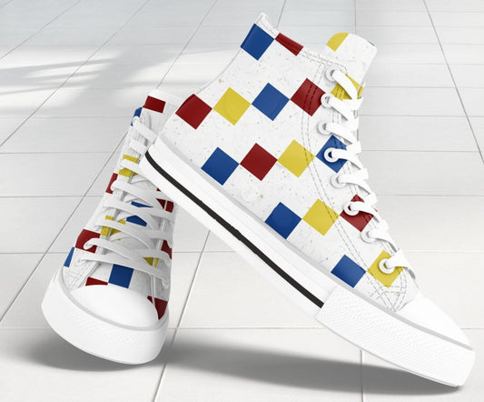 Pair of mens high top shoes with white soles, laces, and tongue, designed with a blue, red, yellow and white checkerboard tile pattern.