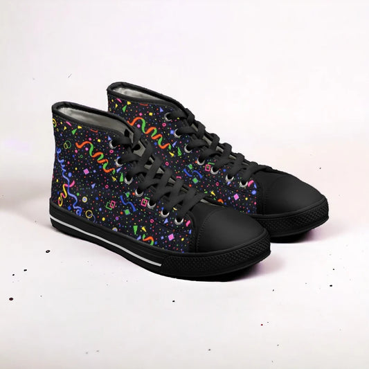 Pair of womens high tops with black soles and laces designed with a nostalgic y2k carpet pattern of multicolored fluorescent streamers and confetti.