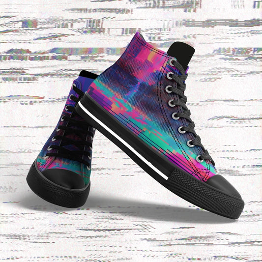 Pair of mens high top shoes with black soles and laces, designed with a colorful VHS glitch of pinks and blues.